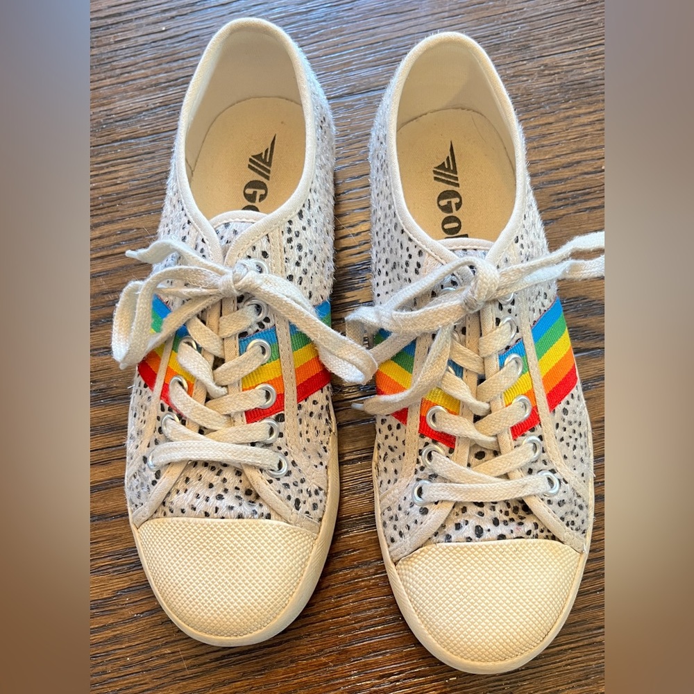 Gola faux fur with cheetah print and rainbow detail sneakers. Size 6